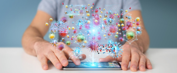 Businessman analyzing bacteria microscopic close-up 3D rendering