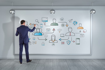 Businessman drawing thin line social network icons interface