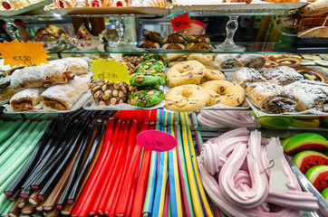 Multiple sweets on the shop shelves