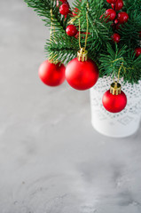 Christmas background with xmas fir branches and decorations. Christmas greeting postcard.