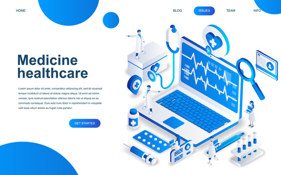 Modern isometric design concept of Online Medicine and Healthcare for website and mobile website development. Isometric landing page template. Doctors treating the patient. Vector illustration.