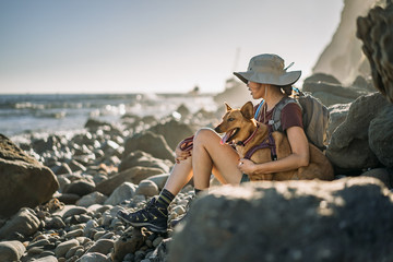 Dog and girl sitting at beach - 225237077