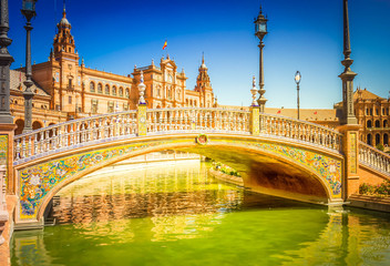 Fototapeta na wymiar bridge of Plaza de Espana, square of Spain, summer day, in Seville, Spain, toned