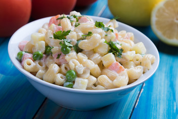 Homemade macaroni salad with vegetables