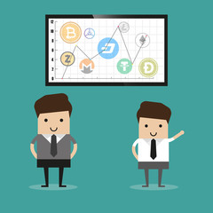 Isometric Businessman analyzing a Bitcoin analytics, intelligence dashboard, operations Bitcoin data statistics charts