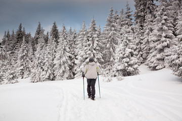 trekking in snowy winter mountains