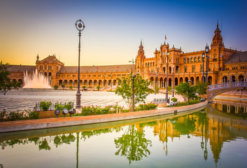Square of Spain at night, Seville, Andalucia Spain, toned