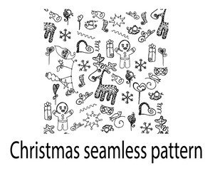 Christmas seamless pattern deer doodle cookies hearts gifts line