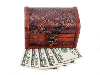 Treasure chest with many bank notes. Wooden chest. Treasure. Casket