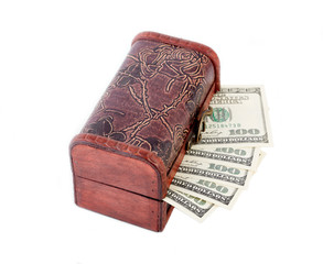 Treasure chest with many bank notes. Wooden chest. Treasure. Casket