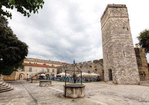 Zadar, Croatia, July 23, 2018: The pentagonal Captain's Tower on the Five Wells Square in Zadar, Croatia, built by the Venetians to strengthen the city against Turkish attacks.