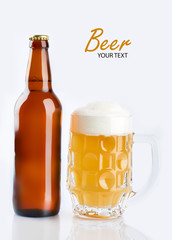 Mug and bottle of beer with green hops, wheat ears and grains on white background. Unfiltered beer. Alcoholic beverages. Hop.