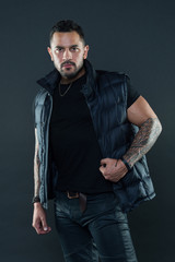 His brutal style. Bearded man in macho style. Fashion model on fashion week. Hispanic man. Muscle...