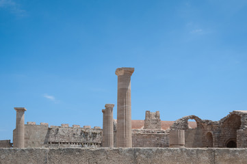 Lindos Acropolis. Ancient clifftop ruins. Remains of a Doric Temple of Athena Lindia, dating from about 300 BC. Greek Island of Rhodes, Rodos.