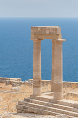 Lindos Acropolis. Ancient clifftop ruins. Remains of a Doric Temple of Athena Lindia, dating from about 300 BC. Greek Island of Rhodes, Rodos.