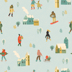 Christmas and Happy New Year seamless pattern whit people. Trendy retro style.