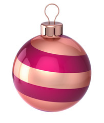 bauble Christmas ball decoration closeup red golden striped modern decor. New Year's Eve hanging adornment traditional, Merry Xmas wintertime ornament glossy. 3d illustration