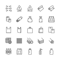 Low density polyethylene flat line icons. LDPE products - food package film, thermoresistant paper, garbage bag, plastic bottle, bubble wrap vector illustrations. Pixel perfect 64x64. Editable Strokes - obrazy, fototapety, plakaty