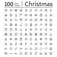 Merry Christmas, new year flat line icons. Gifts, snowflakes, presents, letter to santa claus, decoration, winter sport vector illustrations. Thin signs xmas sale. Pixel perfect 48x48. Editable Stroke