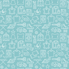 Dry cleaning, laundry blue seamless pattern with line icons. Laundromat service equipment, washing machine, clothing shoe and leaher repair, garment ironing and steaming. Background for launderette.