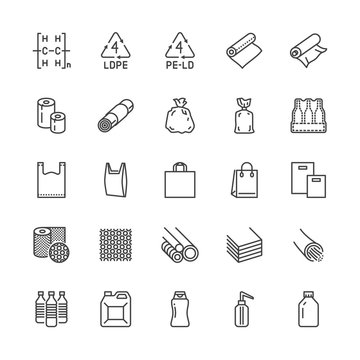 Low density polyethylene flat line icons. LDPE products - food package film, thermoresistant paper, garbage bag, plastic bottle, bubble wrap vector illustrations. Pixel perfect 64x64. Editable Strokes