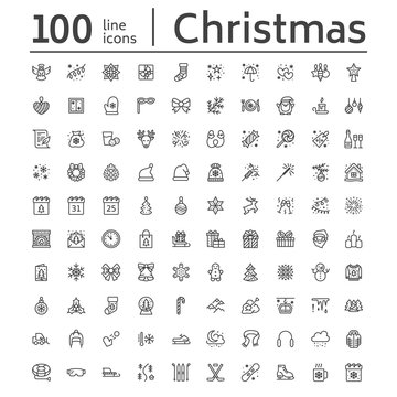 Merry Christmas, new year flat line icons. Gifts, snowflakes, presents, letter to santa claus, decoration, winter sport vector illustrations. Thin signs xmas sale. Pixel perfect 48x48. Editable Stroke