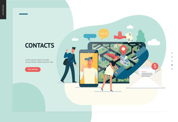 Naklejka na ściany i meble Business series, color 1 - contacts - modern flat vector illustration concept of intercommunicators. Connection ways and tools -web, phone, chat, messenger, post. Creative landing page design template