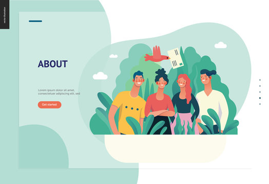 Business series, color 1 - about company, contact -modern flat vector concept illustration of a company employees posing together. Business workflow management. Creative landing page design template