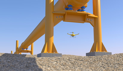 3D illustration of a UAV drone in flight inspecting an oil/gas pipeline on rocky ground. Fictitious UAV, motion blur and depth-of-field for dramatic effect.