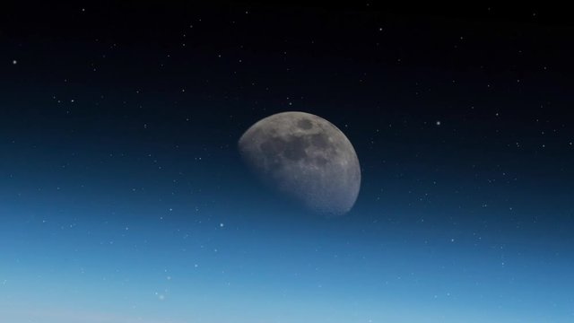 Moon rising on blue earth atmosphere light horizon rotating star field. Contain public domain image by NASA