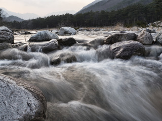 Mountain river in the mountains of Seoraksan. Photo with exposure. South Korea