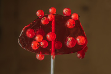 Sweet lollipop with red ripe currant berries. the concept of cohesion is sweet and sweet.