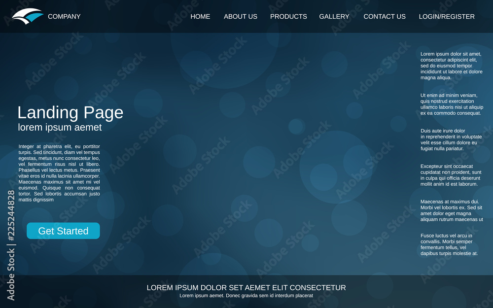Poster website landing page design template. blue blurred vector background with bokeh effect