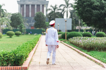 Changing of the military honour guard ceremony at the Ho Chi Minh Mausoleum. The final resting place of Vietnamese Revolutionary leader Ho Chi Minh in Hanoi, Vietnam.