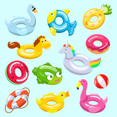 Inflatable vector inflated swimming ring and life-ring in pool for summer vacation illustration set of inflation rubber toys flamingo or unicorn isolated on background