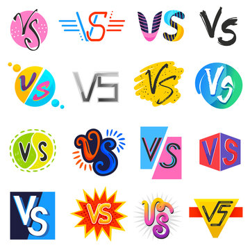 VS vector versus lettering symbol v s in explosion fight or comic style font in typography illustration set of vs logotype competition or game battle isolated on white background