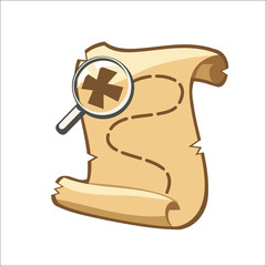 Cartoon old scroll with magnifying glass and a treasure map