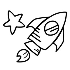 Cartoon vector hand drawn space rocket icon with star