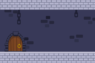 Cartoon vector dark castle background with door, hanging chains and brick walls