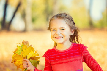 Happy little girl with autumn leaves in the park