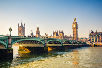 Big Ben and westminster bridge in London at autumn - obrazy, fototapety, plakaty