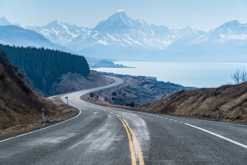 Winding road and view of Mount Cook, New Zealand