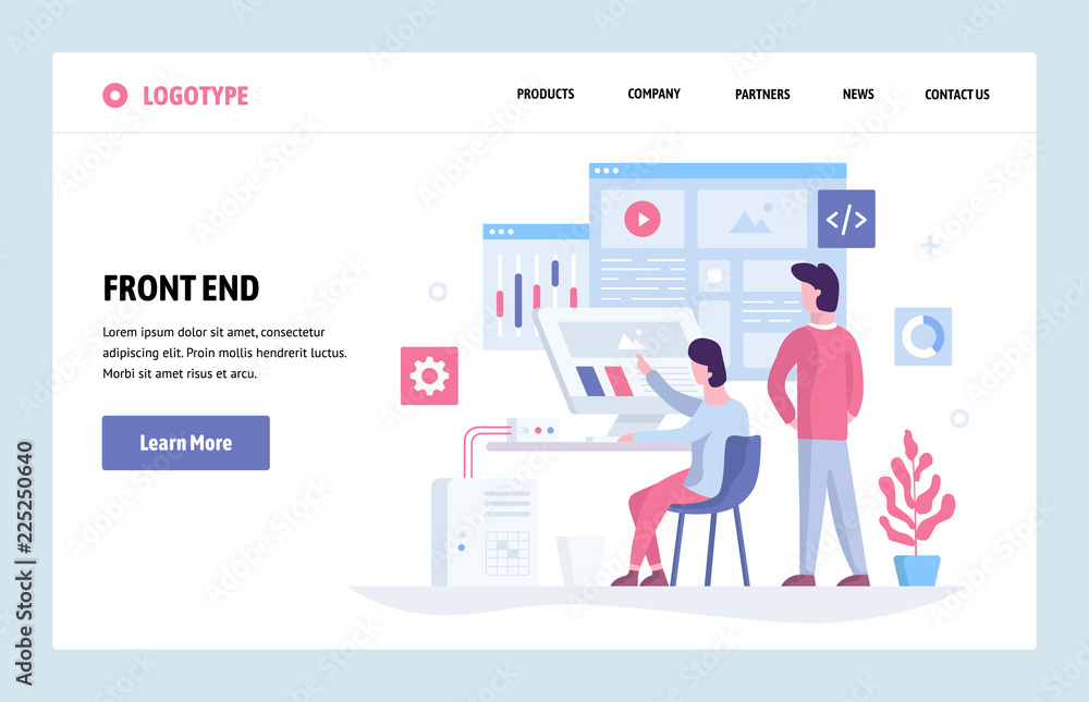 Poster vector web site linear art design template. front end development team using futuristic dashboard an