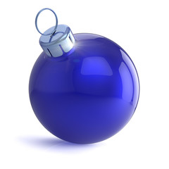 Xmas Christmas ball shiny decor beautiful blue, Happy New Year bauble sparkling, wintertime decoration sphere hanging adornment modern traditional symbol. 3d illustration
