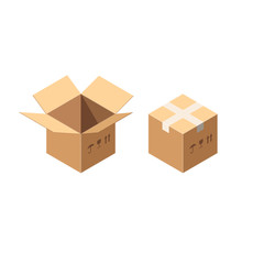 Isometric Vector Packaging Carton or Cardboard Boxes Icon Set with Postal Signs - This Side Up and Fragile Isolated on White. Sealed and Uncovered Boxes. Postal Parcel Delivery Concept.