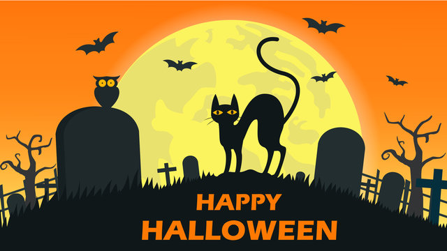 Halloween background with cat devil in graveyard and the full moon - Vector illustration