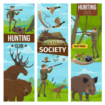 Vector hunting club banners of hunter and animals