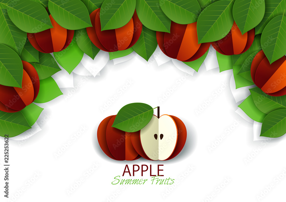 Wall mural vector paper cut red apple fruit background, frame