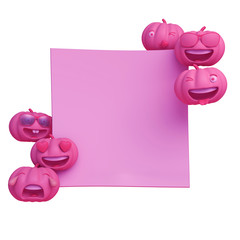Cute smiling cartoon of pink pastel pumpkin head jack emoji with frame, isolated on white background, copy space text. Design creative concept for happy Halloween day festival, 3D rendering.