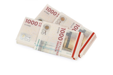 Danish krone.  ( DKK ) 1000 Krone banknotes  isolated on white background..